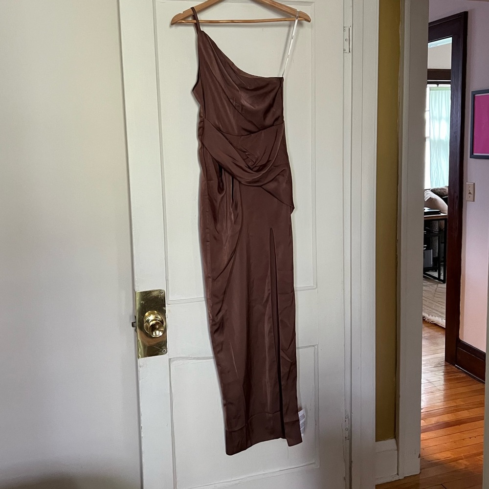 ASOS DESIGN Tall satin one shoulder strappy taupe midi dress with slit brown 4